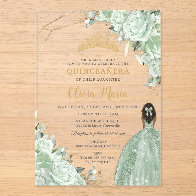 Invitaciones Acrílicas Sage Green Floral Brown Princess Gold Quinceañera (Anverso)