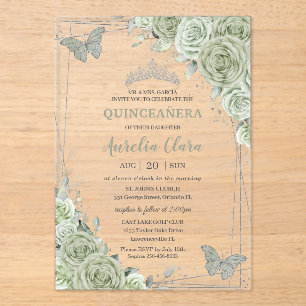Invitaciones Acrílicas Sage Green Floral Butterflies Silver Quinceañera