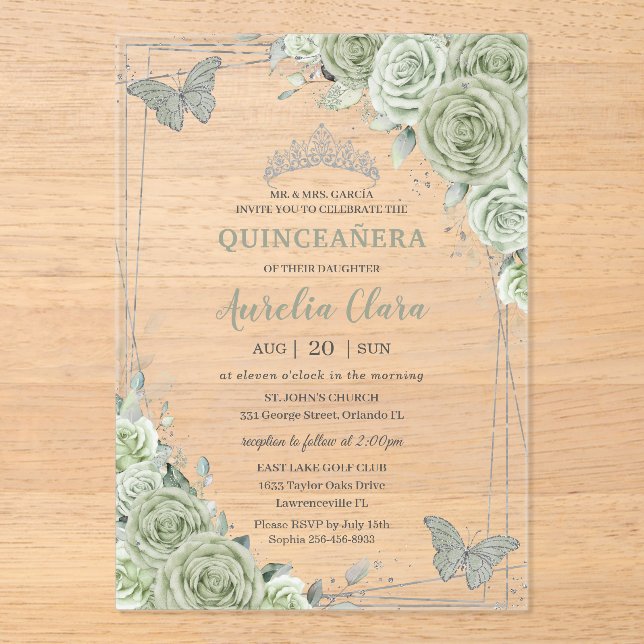 Invitaciones Acrílicas Sage Green Floral Butterflies Silver Quinceañera (Anverso)