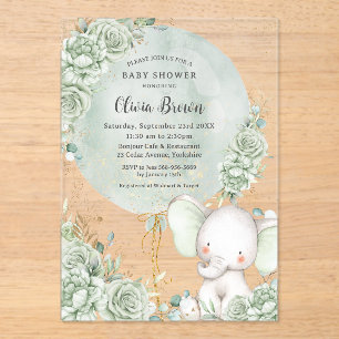 Invitaciones Acrílicas Sage Green Floral Elephant Neutrant Baby Shower