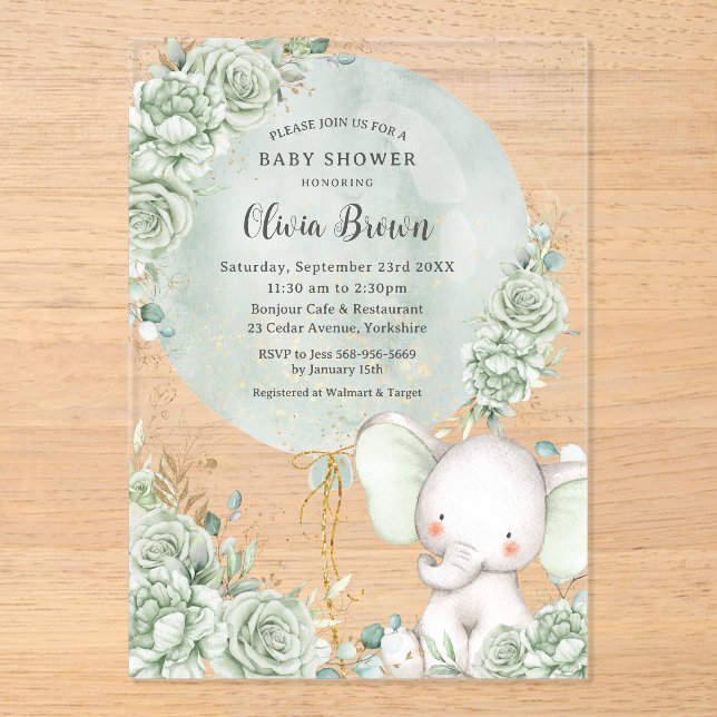 Invitaciones Acrílicas Sage Green Floral Elephant Neutrant Baby Shower (Anverso)