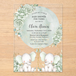 Invitaciones Acrílicas Sage Green Floral Elephants Twins Baby Shower