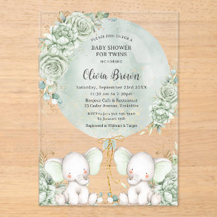 Invitaciones Acrílicas Sage Green Floral Elephants Twins Baby Shower