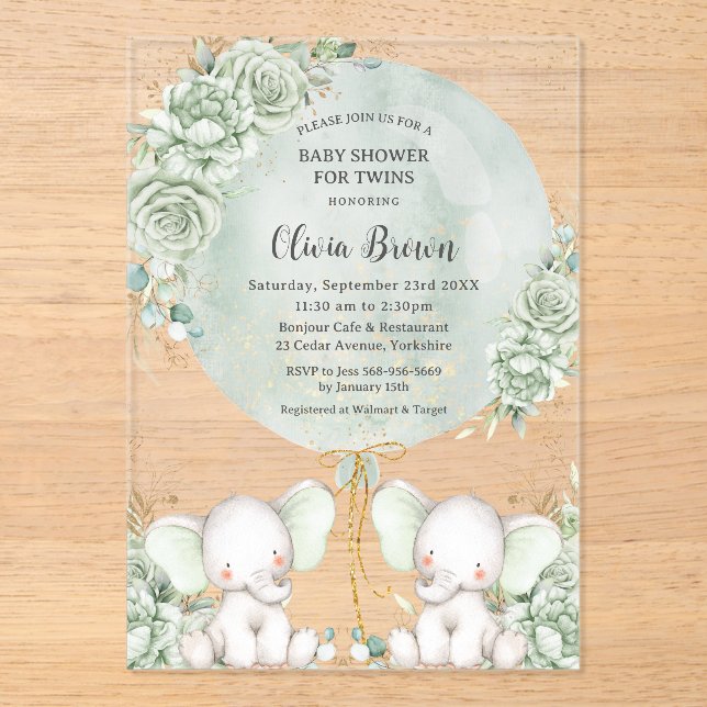 Invitaciones Acrílicas Sage Green Floral Elephants Twins Baby Shower (Anverso)
