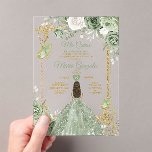 Invitaciones Acrílicas Sage Green Floral Mariposa Marco de Oro Mis Quince