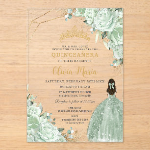 Invitaciones Acrílicas Sage Green Floral Princesa Vestido Gold Quinceañer