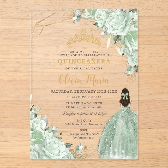 Invitaciones Acrílicas Sage Green Floral Princesa Vestido Gold Quinceañer (Anverso)