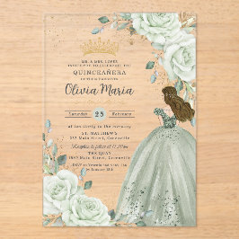 Invitaciones Acrílicas Sage Green Floral Princess Gown Quinceañera Quince