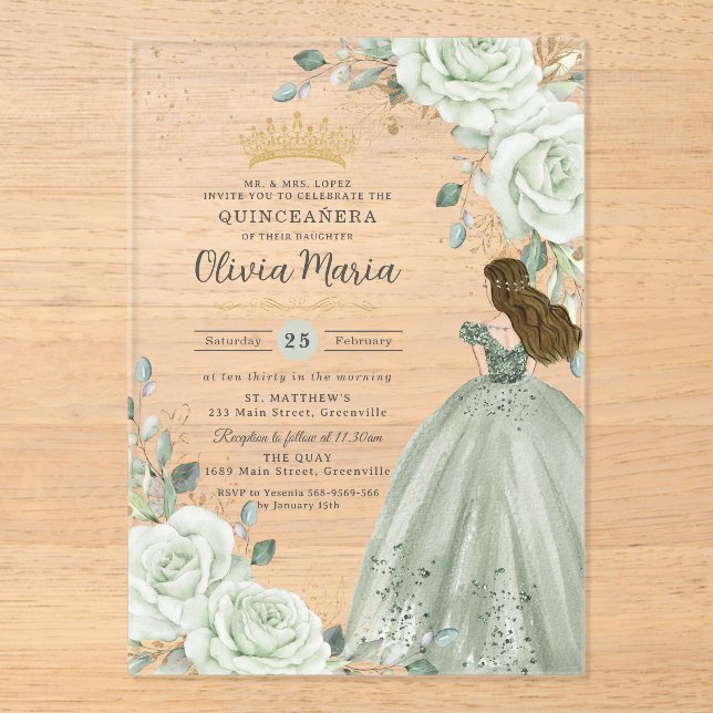 Invitaciones Acrílicas Sage Green Floral Princess Gown Quinceañera Quince (Anverso)
