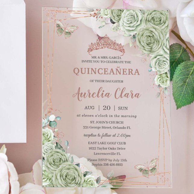 Invitaciones Acrílicas Sage Green Floral Rosa Gold Quinceañera Cumpleaños (Subido por el creador)