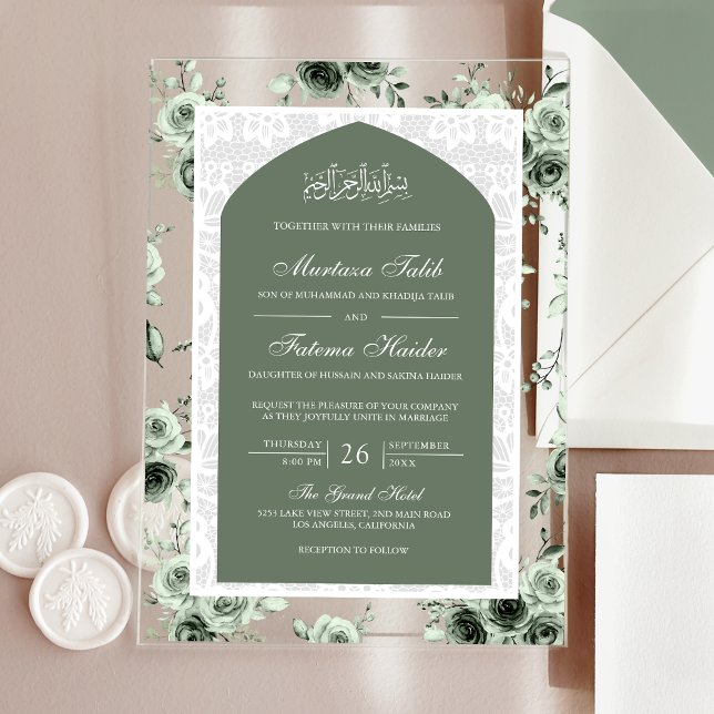 Invitaciones Acrílicas Sage Green Floral White Lace Arch Boda Musulmana (Subido por el creador)