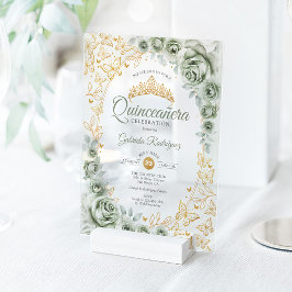 Invitaciones Acrílicas Sage Green Gold Floral Quinceanera