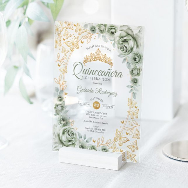 Invitaciones Acrílicas Sage Green Gold Floral Quinceanera (Subido por el creador)
