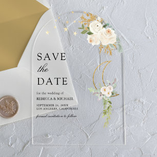 Invitaciones Acrílicas Sage Green Ivory Floral Moon Wedding Save the Date