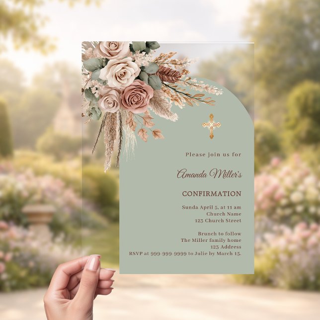 Invitaciones Acrílicas Sage green ivory taupe roses arch Confirmation (Subido por el creador)