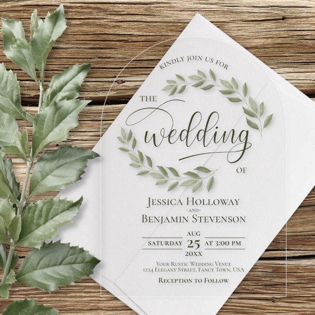 Invitaciones Acrílicas Sage Green Leaves o Vines Styling Boda (Clear Acrylic with Arch Cut)