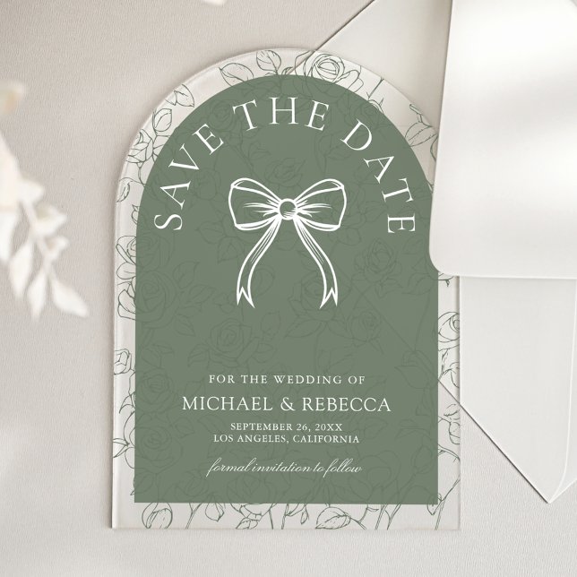 Invitaciones Acrílicas Sage Green Line Art Bow Wedding Save the Date (Subido por el creador)