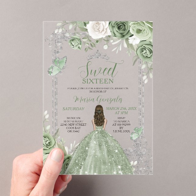 Invitaciones Acrílicas Sage Green Princess Butterfly Silver Sweet Sixteen (Insitu (portátil))