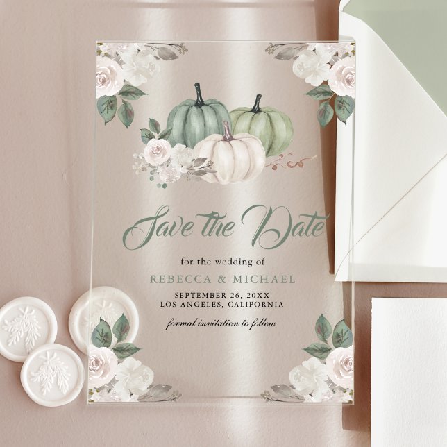 Invitaciones Acrílicas Sage Green Pumpkin Floral Wedding Save the Date (Subido por el creador)