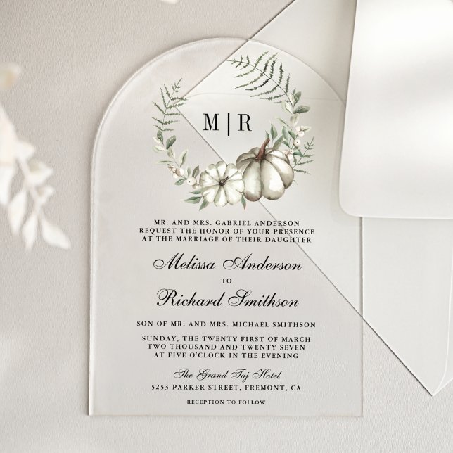 Invitaciones Acrílicas Sage Green Pumpkin Wreath Wedding (Subido por el creador)