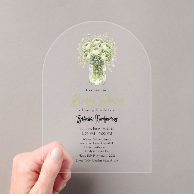 Invitaciones Acrílicas Sage Green Ranunculus Mason Jar Bridal Shower (Insitu (portátil))