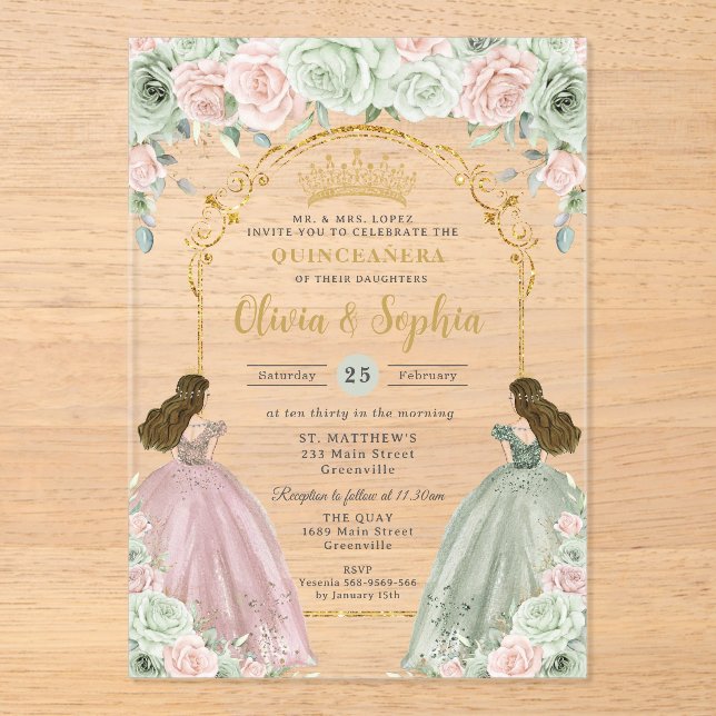 Invitaciones Acrílicas Sage Green Rubor Floral Twins Gold Quinceañera (Anverso)