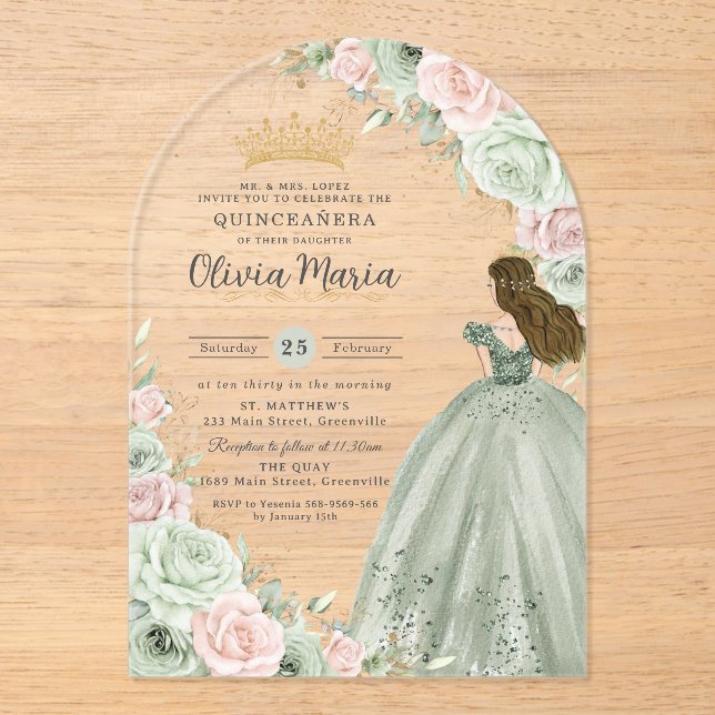 Invitaciones Acrílicas Sage Green Rubor Pink Floral Princesa Quinceañera (Anverso)