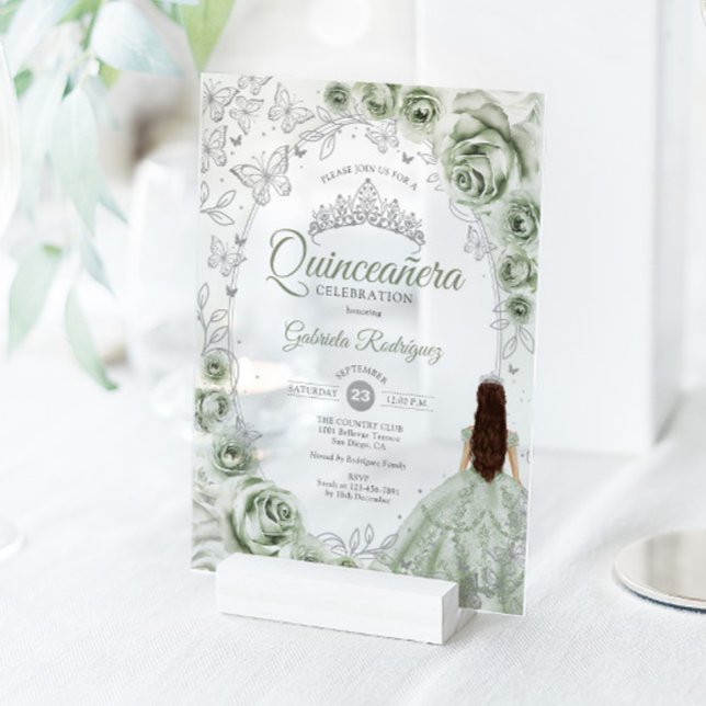 Invitaciones Acrílicas Sage Green Silver Floral Quinceanera (Subido por el creador)