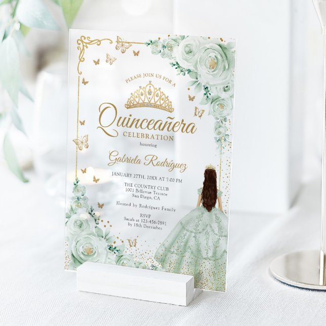 Invitaciones Acrílicas Sage Green Watercolor Roses Gold Quinceanera (Subido por el creador)