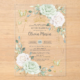 Invitaciones Acrílicas Sage Green & White Floral Butterflies Quinceanera