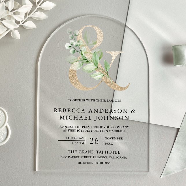 Invitaciones Acrílicas Sage Greenery Gold Ampersand Wedding (Subido por el creador)
