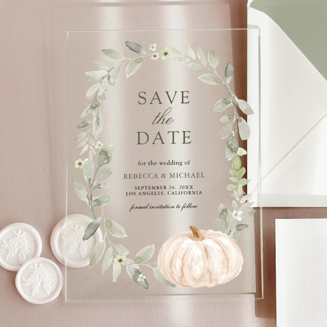 Invitaciones Acrílicas Sage Greenery White Pumpkin Wedding Save the Date (Subido por el creador)