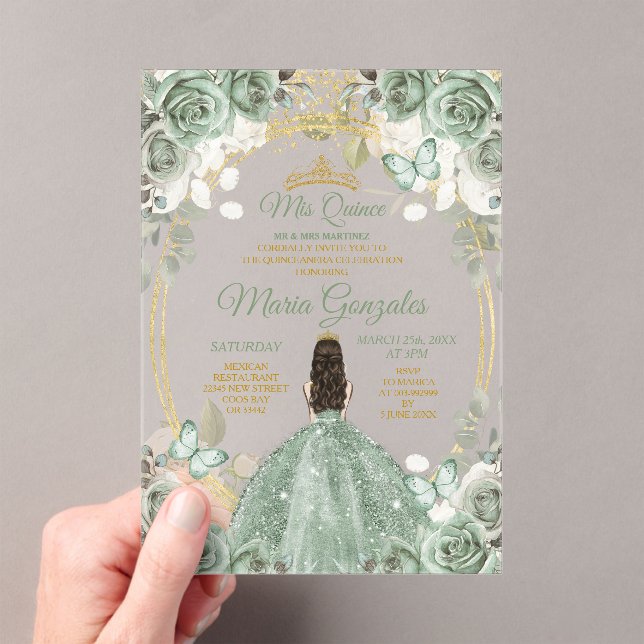 Invitaciones Acrílicas Sage Mis Quince Dusty Floral Verde Quinceañera (Insitu (portátil))