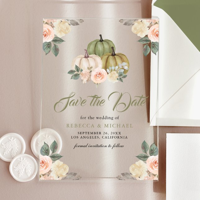 Invitaciones Acrílicas Sage Pumpkin Peach Floral Wedding Save the Date (Subido por el creador)