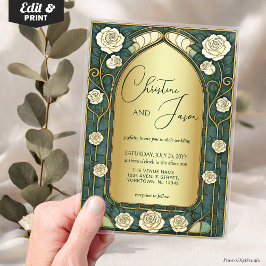 Invitaciones Acrílicas Sage Stained Glass Floral Art Nouveau Wedding 