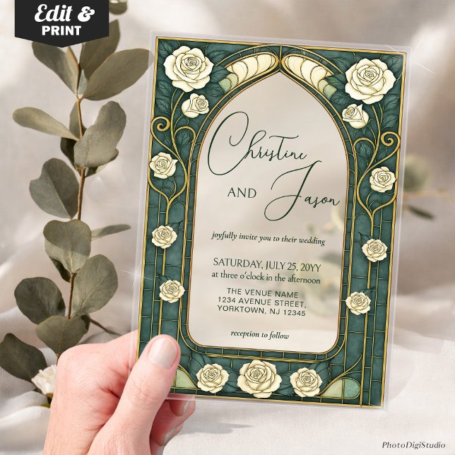 Invitaciones Acrílicas Sage Stained Glass Floral Art Nouveau Wedding  (Custom Sage Stained Glass Floral Art Nouveau Wedding Acrylic Invitations)