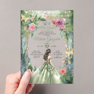 Invitaciones Acrílicas Sage Verde Mariposa Quinceañera del Bosque