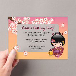 Invitaciones Acrílicas Sakura Kokeshi Transparente ventana Peach de cumpl