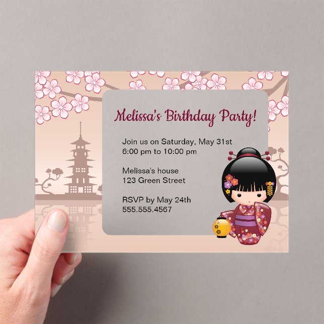 Invitaciones Acrílicas Sakura Kokeshi Ventana Transparente Cumpleaños Bei (Insitu (portátil))