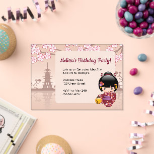 Invitaciones Acrílicas Sakura Kokeshi Ventana Transparente Cumpleaños Bei