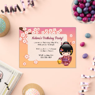 Invitaciones Acrílicas Sakura Kokeshi Ventana Transparente Cumpleaños Mel