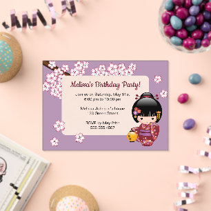 Invitaciones Acrílicas Sakura Kokeshi Ventana Transparente Cumpleaños Púr