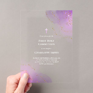 Invitaciones Acrílicas salpicadura de acuarela morada Primera Comunión