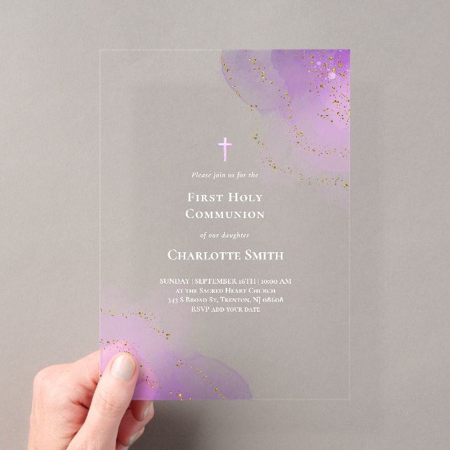Invitaciones Acrílicas salpicadura de acuarela morada Primera Comunión (Insitu (portátil))