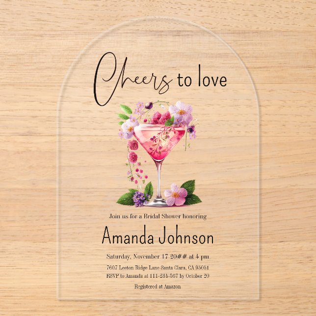 Invitaciones Acrílicas Salud para amar la ducha de novias con flores rosa (Anverso)
