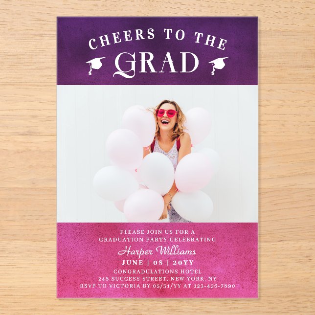 Invitaciones Acrílicas Saludos A La Grad Moderna Foto Púrpura Rosa (Anverso)