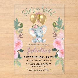 Invitaciones Acrílicas Salvaje Un Chica Rosa Elefante Primer Cumpleaños