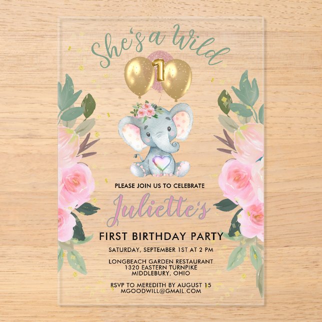 Invitaciones Acrílicas Salvaje Un Chica Rosa Elefante Primer Cumpleaños (Anverso)
