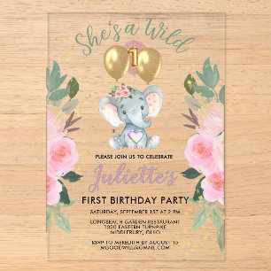 Invitaciones Acrílicas Salvaje Uno Niña Rosa Elefante Primer Cumpleaños