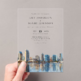Invitaciones Acrílicas San Diego Skyline Watercolor Destination Wedding